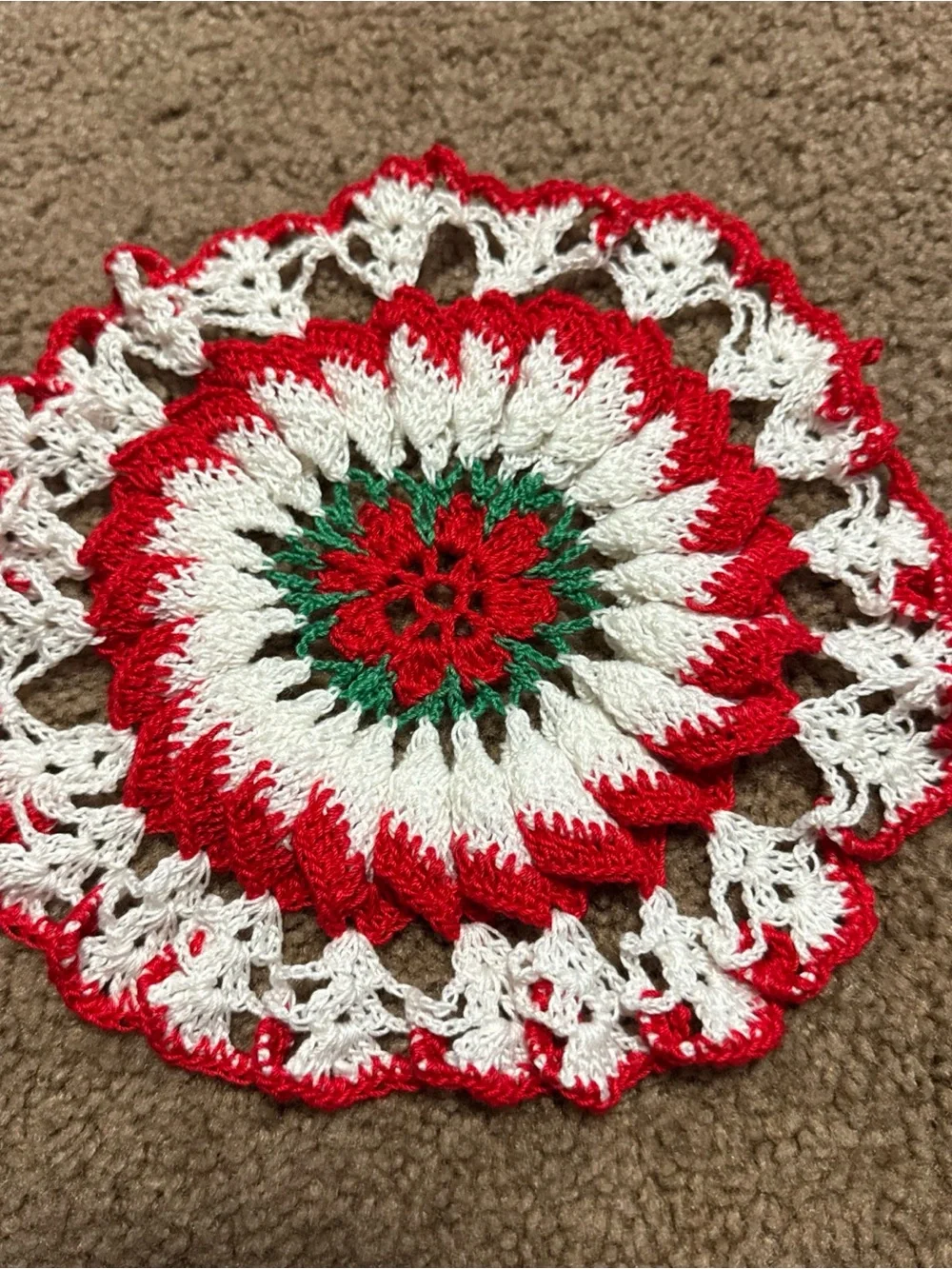 Handmade Holiday Crochet Doily - Red, White & Green
